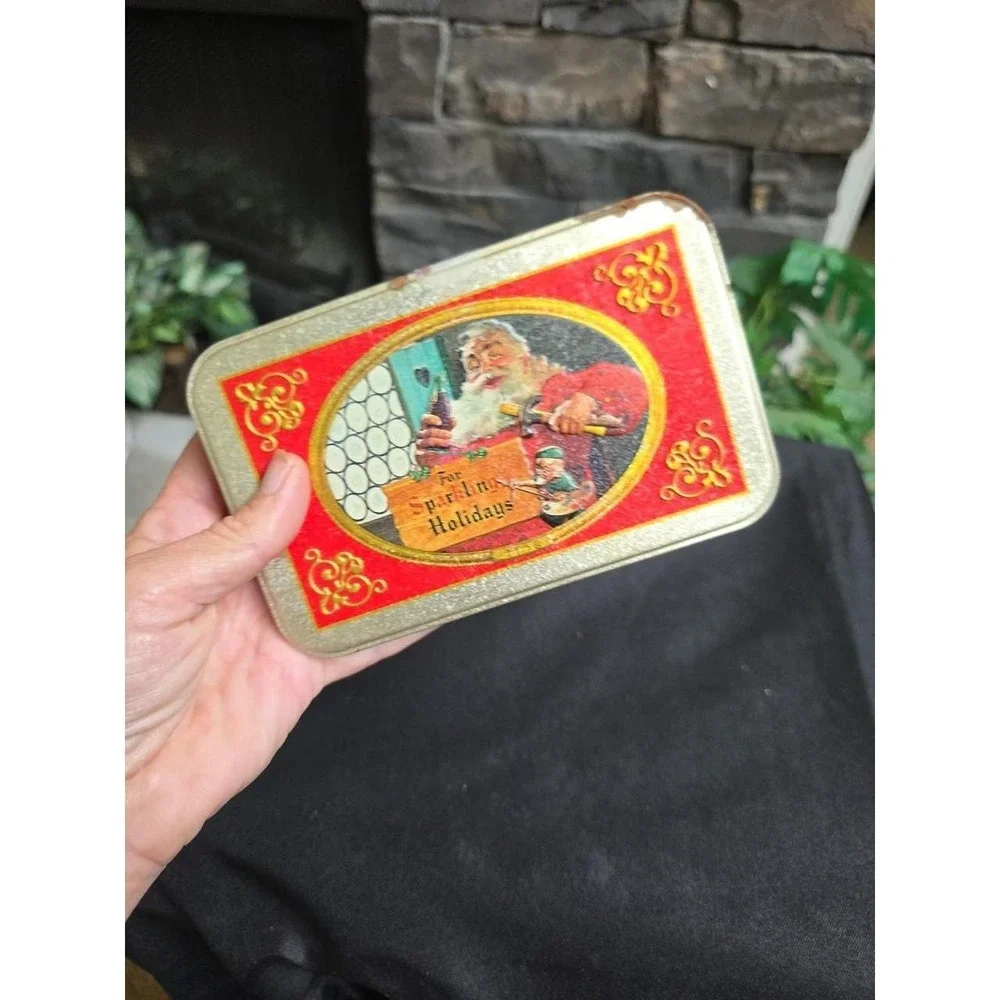 Vtg Christmas 2 Playing Card Deck Bridge Set w Tin Case  Santa Claus